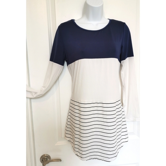 Navy Blue White Nautical Long Sleeve Tunic Top Size Small - Picture 7 of 11